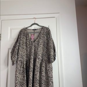 Plus Leopard Puff Sleeve Sweat Smock Dress